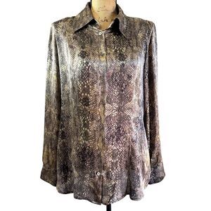Ambiente Women's Gray Snakeskin Print Silk Button Up Long Sleeve Blouse Sz 10